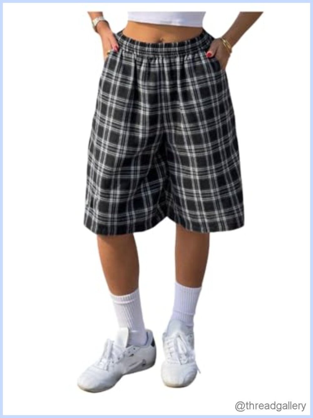 Plaid Bermuda Shorts Wide Leg Drawstring Denim Streetwear